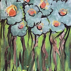 Original Acrylic Painting with metallic 8x10- Tall Blue Floral Dark Stems